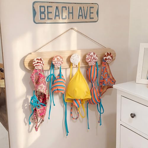 Novabright 16 Inch Bikini Hanger for Wall Seashell Bikini Rack Wall Mounted Swimsuit Organizer with Seashell Accents Coastal Swimwear Storage Rack for Beach Bathrooms Closets Vacation Homes - style: Minimalist Coastal