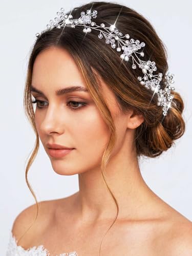 Catery Rhinestone Bridal Hair Vine Headband Silver Wedding Headpiece for Bride Prom Hair Accessories
