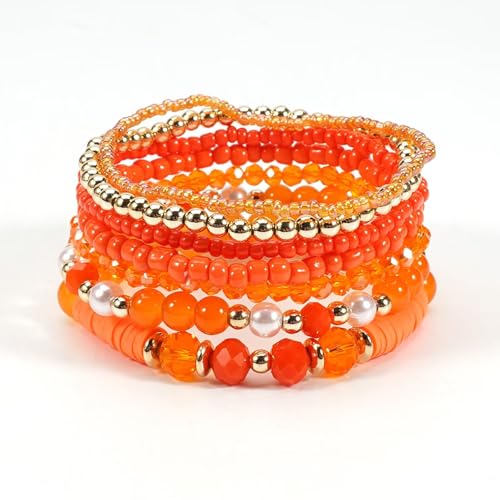 Bohemia Multilayer Stackable Beaded Bracelets Earrings Set Colorful Sparkly Crystal Beaded Stretch Bracelets Teardrop Earrings for Women Men Summer Beach Boho Vacation Jewelry - color: Orange