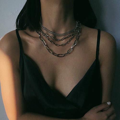 Layered Chain Necklaces for women 18 Inch Gold Plated Paperclip Chain Silver Tone Choker Necklace Rope Ball Chains Punk Jewelry - style: Silver 5-layer Chains
