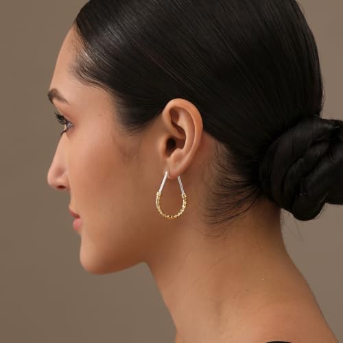 LeCalla 925 Sterling Silver Hoop Earrings for Women | Italian Design Classic Diamond-Cut Textured Hoops Earring | Women's Oval Drop Shape Silver Earring Jewelry - color: Large Two-Tone