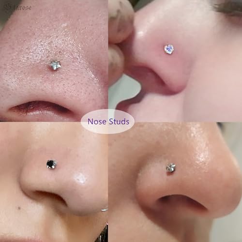 8 Pcs-Pack, Crystal Nose Studs, 20G Stainless Steel, 3mm Zircon, Multiple Shapes Zircon Labret Nose Piercing Ear Jewelry - color: Purple