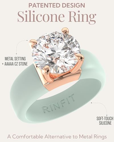 Rinfit Silicone Ring with Stone, Round Cut CZ | AAAAA Grade Cubic Zirconia, Solitaire Engagement Ring for Her, Flexible Rubber Wedding Band for Women, Patented Design - color: Pack I: Light Green / Rose Gold