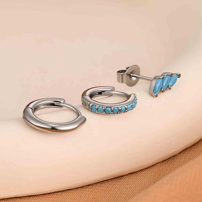 3 Pairs Mini Hoop Earrings Set Turquoise Cubic Zirconia Huggie Hoop Cartilage Earring Ear Cuff for Women (Turquoise/CZ) - color: *Turquoise-G