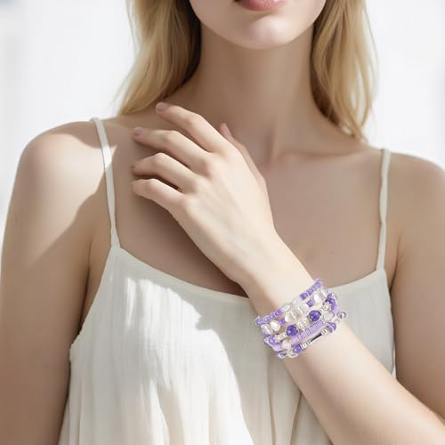 Besydec Stackable Boho Beaded Bracelets With Natural Stone & Pearl Heart & Clay Beads for Women,Adjustable Silver Jewelry - color: Purple