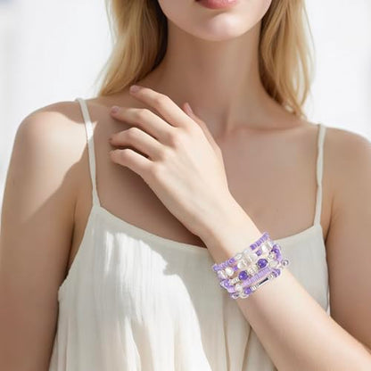 Besydec Stackable Boho Beaded Bracelets With Natural Stone & Pearl Heart & Clay Beads for Women,Adjustable Silver Jewelry - color: Purple