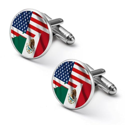 America Mexico Friendship USA Michoacan Mexican Flag Round Cufflink Set 1 Pair Stainless Steel Cufflinks Shirt for Men Business Wedding - size: 1.7cm