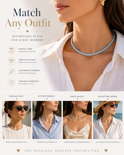 Natural Heishi Gemstone Choker Necklace for Women, Adjustable 15"+2" Beaded Layering Necklace, Coastal Beach Jewelry Gift for Her - color: Aquamarine