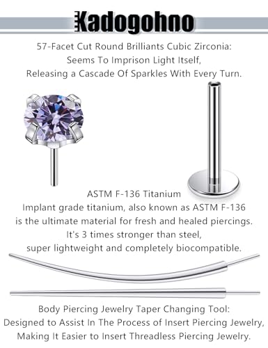 F136 Titanium 20/18/16g Internally Threaded Medusa Monroe Lip Ashley Labret Nose Rings Flat Back Tragus Helix Cartilage Conch Screw Stud Earrings Surgical Steel Piercing Jewelry for Women - color: Purple CZ, size: 16g*3/8in
