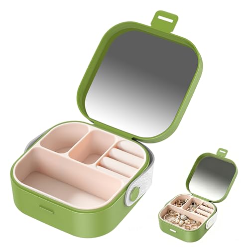 Mini Box Portable Travel Jewelry Box with Mirror, Multifunctional Storage Case for Earrings, Necklaces, Rings and Other Small Items (Green) - color: Green