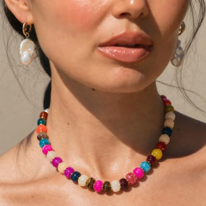 Beaded necklace for Women Boho Bead Gemstone Chunky Necklace Big Bead Necklace Fashion Trendy Summer Necklaces Jewelry Gifts - color: Colorful Beaded