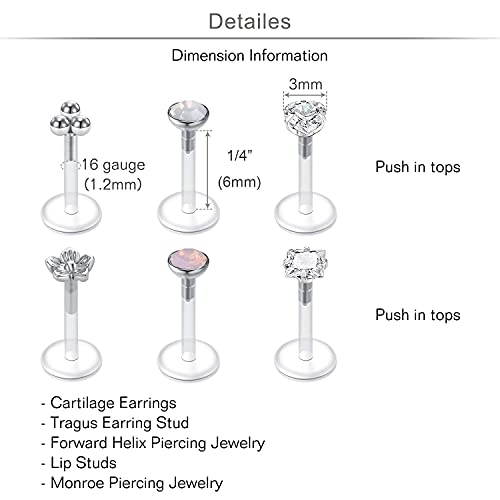 20g 16g Tragus Piercing Jewelry Helix Earrings Threadless Flat Back Earrings for Women Forward Helix Cartilage Earring Tragus Jewelry Medusa Labret Lip Piercing Jewelry Lip Studs 16 Gauge 8mm - color: D1-1/4"(6mm)- plastic silver