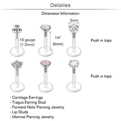 20g 16g Tragus Piercing Jewelry Helix Earrings Threadless Flat Back Earrings for Women Forward Helix Cartilage Earring Tragus Jewelry Medusa Labret Lip Piercing Jewelry Lip Studs 16 Gauge 8mm - color: D1-1/4"(6mm)- plastic silver