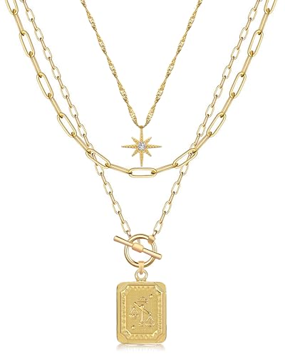 MJartoria Layered Necklaces for Women, 14K Gold Plated Brass | Star Choker, Square Birth Flower, Paperclip Chain, Trendy - color: Gold, style: ZZ-Libra