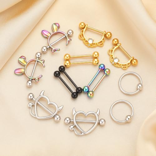 G&O JFU 7 Pairs Nipple Piercing Jewelry 14G Stainless Steel Tongue Rings Nipple Barbells Bunny Nipple Rings for Women Men