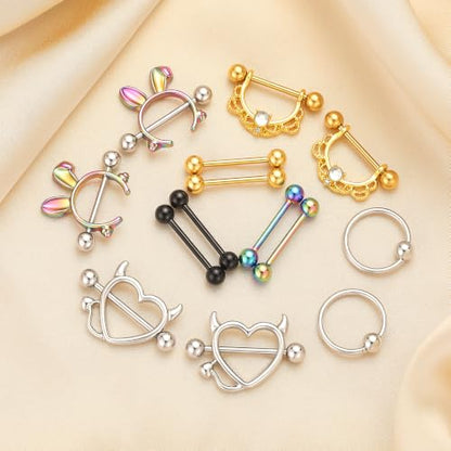 G&O JFU 7 Pairs Nipple Piercing Jewelry 14G Stainless Steel Tongue Rings Nipple Barbells Bunny Nipple Rings for Women Men