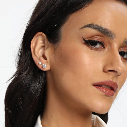 White Gold Earrings for Women Men Hoop and Stud Earring Set | Hypoallergenic 14K White Gold Plated Hoops Huggie Stud Earrings Set Round Cubic Zirconia Ear Jewelry - style: A3-White Gold-Hoop&6 Prong Round Stud (5 Pairs)