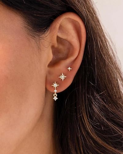 3 Pairs Earring Stacks, Gold Earring Set Jewelry Gift for Women | Small, 14K Gold/White Gold/Black/Rose Gold Plated, Hypoallergenic, Her, Everday, Stackable, Simple, 3 Holes - color: Gold-North Star