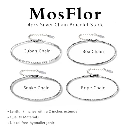 Mens Bracelet - Dainty Gold/Silver Chain Bracelet Stack 14K Gold Plated Silver Bracelets for Men Stainless Steel Adjustable Cross Charm Cuban Link Bracelet Snake Jewelry Set to Men Dad Birthday Day - color: Silver 4pcs, size: 7+2 inch