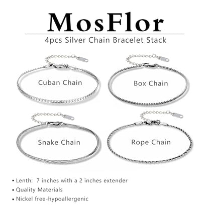 Mens Bracelet - Dainty Gold/Silver Chain Bracelet Stack 14K Gold Plated Silver Bracelets for Men Stainless Steel Adjustable Cross Charm Cuban Link Bracelet Snake Jewelry Set to Men Dad Birthday Day - color: Silver 4pcs, size: 7+2 inch