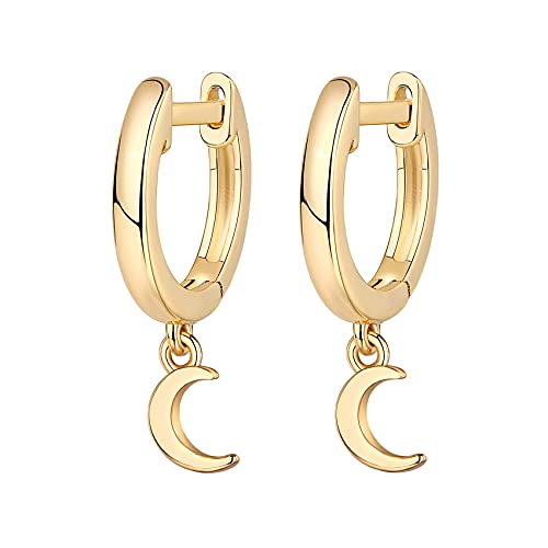 PAVOI 14K Gold Plated Huggie Hoop Earrings with Charms for Women - 925 Sterling Silver Posts Dainty Motif Huggie Hoop Dangle Earrings - Lightweight Dangle Drop Jewelry with Cubic Zirconia - style: Moon
