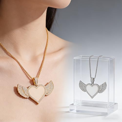 Hip Hop Ice Out Angel Wings Heart Shaped Photo Frame Pendant Necklace for Men and Women Fashion Souvenirs Jewelry Gifts - color: silvery