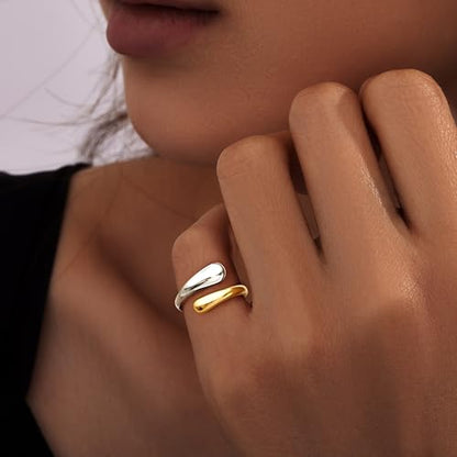 Non Tarnish Gold Chunky Rings for Women, 14K Gold Plated Statement Dome Rings Stacking Silver, Adjustable Mens Eternity Wedding Band Mixed Metal Jewelry Size 3-13 - color: Silver & Gold, size: 5, style: Open Twist Band