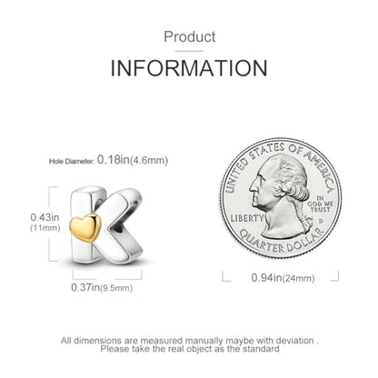 925 Sterling Silver Letter Charms A-Z for Bracelet Necklace Alphabet Bead | Heart letter A B C D G J charm initial gold Pendant beads Jewelry Gift for Women - color: Letter K