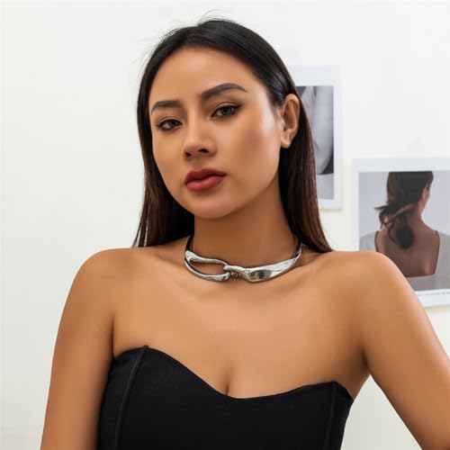Chunky Gold Necklace Big Statement Chunky Necklace for Women African Tribe Wide Metal Choker Necklaces Jewelry - color: 07 Silver
