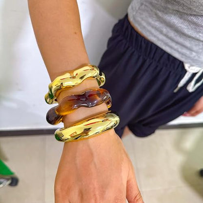 2PCS Chunky Acrylic Bracelet for Women Large Square Resin Cuff Vintage Open Bangle Bracelets Wide Geometric Jewelry - style: E-Gold+Gold+White
