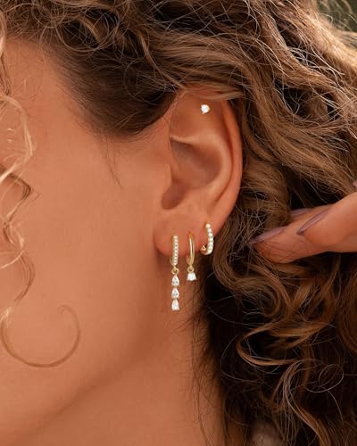 Gold Silver Earrings for Women Trendy 14K Gold Plated Dangle Hypoallergenic Cartilage Earrings Small 925 Sterling Silver Post Dainty Hoop Drop Pearl Earring Stacks Set Huggie Chain Earrings Jewelry - color: B-Hypoallergenic Earrings-Gold