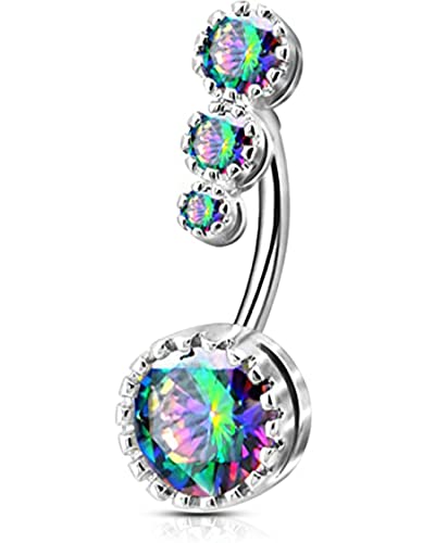 OUFER 316L Surgical Steel Belly Button Rings, Clear CZ Navel Rings, Belly Piercing Jewelry - color: Silver Bar, Rainbow CZ