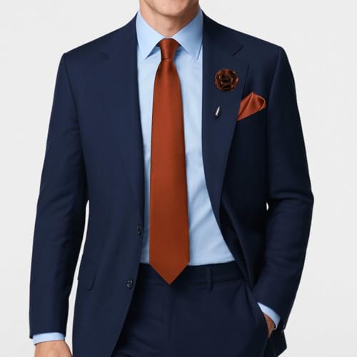Solid Color Tie and Pocket Square with Tie Clip Lapel Pin Silk Formal Necktie Set Wedding Formal - color: Rust