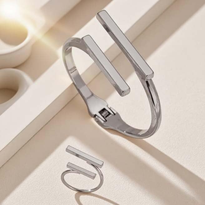Chunky Gold Bracelet and Ring Jewelry Set,Thick Bracelets Stack Statement Rings Set Non Tarnish Chunky Bangles Jewelry Gits for Women - color: Silver