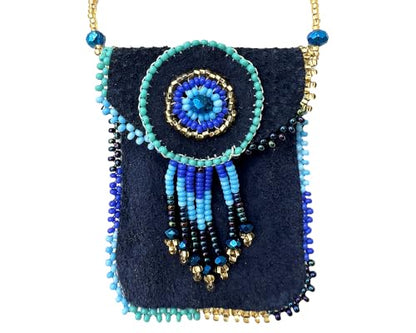 Mia Jewel Shop Authentic Leather Suede Medicine Pouch Seed Bead Fringe Dangle Necklace - Womens Fashion Handmade Bags Boho Travel Accessories - color: Dark Blue