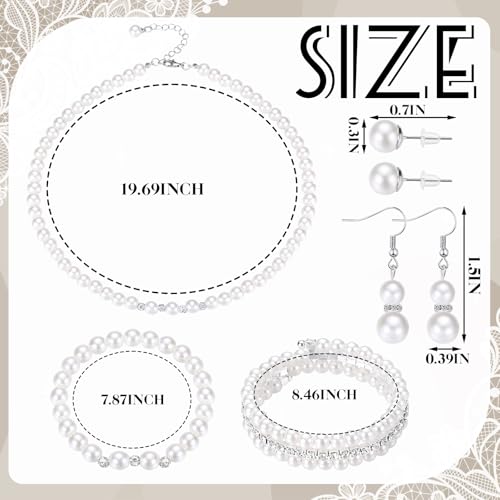 Glenmal Pearl Rhinestone Jewelry Set for Women Pearl Necklace Bracelet Earrings for Wedding Halloween Bridal Shower Tea Party - style: Novel Style