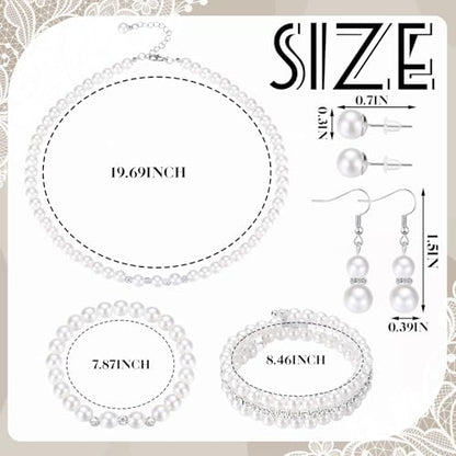 Glenmal Pearl Rhinestone Jewelry Set for Women Pearl Necklace Bracelet Earrings for Wedding Halloween Bridal Shower Tea Party - style: Novel Style