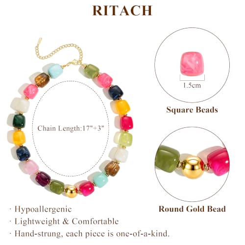 Ritach Chunky Beaded Necklaces for Women - Colorful Large Square Acrylic Beaded Necklace Boho Chunky Necklace Adjustable Statement Choker Necklace for Women Waterproof Summer Beach Jewelry Gifts - color: Sky Blue