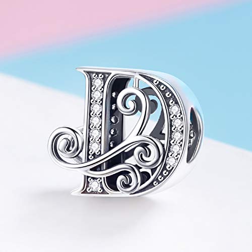 BISAER 925 Sterling Silver Initial Letter A-Z Charms for Bracelets Alphabet Beads Charm Jewelry Gifts - color: Letter D
