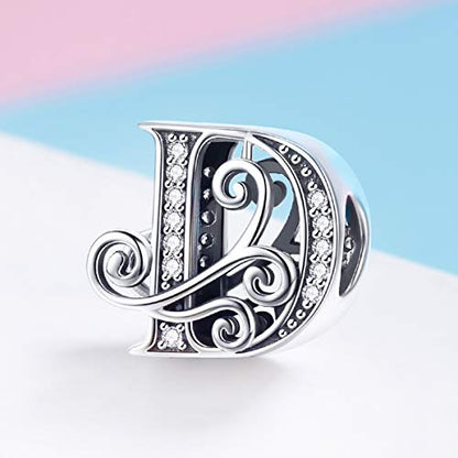 BISAER 925 Sterling Silver Initial Letter A-Z Charms for Bracelets Alphabet Beads Charm Jewelry Gifts - color: Letter D