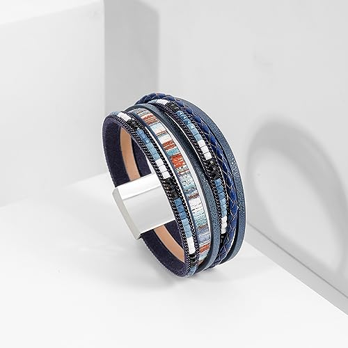 Women's Multi Layer Leather Wrap Bracelet String Bracelets for Women, Boho Braid Multi-Layer Crystal Beads Cuff Women Bracelet Jewelry - color: Blue