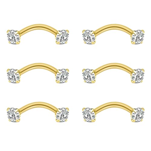 Briana Williams 6pcs Stainless Steel Rook Daith Earrings Belly Lip Ring Eyebrow Studs Cartilage Tragus Cubic Zirconia Barbell Body Piercing 8mm (5/16") - color: 4 -Gold Clear CZ