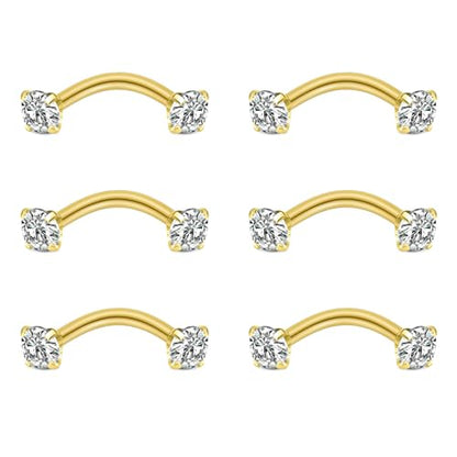 Briana Williams 6pcs Stainless Steel Rook Daith Earrings Belly Lip Ring Eyebrow Studs Cartilage Tragus Cubic Zirconia Barbell Body Piercing 8mm (5/16") - color: 4 -Gold Clear CZ