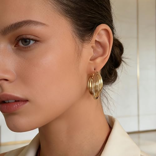 Earrings for Women, Saguine Chunky 14K Gold Plated Hoop Earrings Trendy | Chunky Earring, Big Large U-Shape Drop Twist Dangle Statement Stud Hoops Earrings, Jewelry for Women Gifts - style: Large
