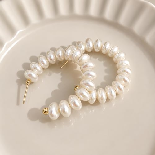 Pearl Hoop Dangle Earrings for Women, White Petal Statement Earrings, Floral Drop Earrings, Lightweight Elegant Wedding Vacation Party Jewelry - color: A0028-style B