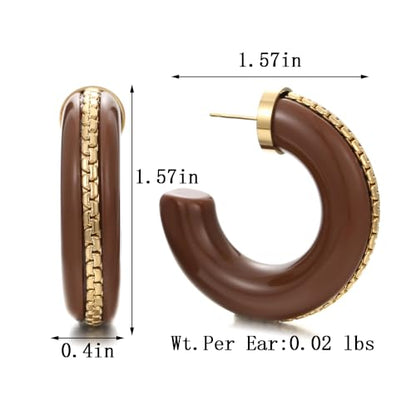 Gold Plated Resin Chunky Hoop Earrings Hypoallergenic Push Back Hoops for Sensitive Ears - color: Chocolate Brown