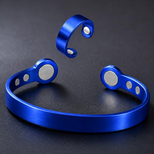Calming Bracelet Ring Set for Women, Menopause Bracelets Adjustable Bangle Stainless Steel Cuff Climacterium Anxiety Stress Relief Energy Open Jewelry Gift - color: Blue PRO + Blue