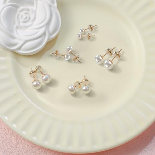 4 Pairs Pearl Stud Earrings Sterling Silver Earring Set | 14K Plated Gold Hypoallergenic Earring stud Large size Round pearl 8mm-14mm Set Earrings for women - style: Flat Round-5 Pairs