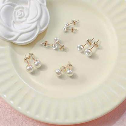 4 Pairs Pearl Stud Earrings Sterling Silver Earring Set | 14K Plated Gold Hypoallergenic Earring stud Large size Round pearl 8mm-14mm Set Earrings for women - style: Flat Round-5 Pairs