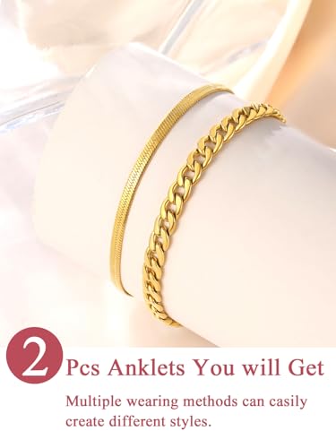 FOCALOOK Anklet Bracelets Set for Women, 14K Gold Plated Layered Anklet Set | Adjustable for Large Ankle, Cuban/Snake/Figaro/Paperclip Chain, Waterproof & Non Tarnish for Everyday Wear, Beach & Summer - color: A:2Pcs-Anklet Set-Gold